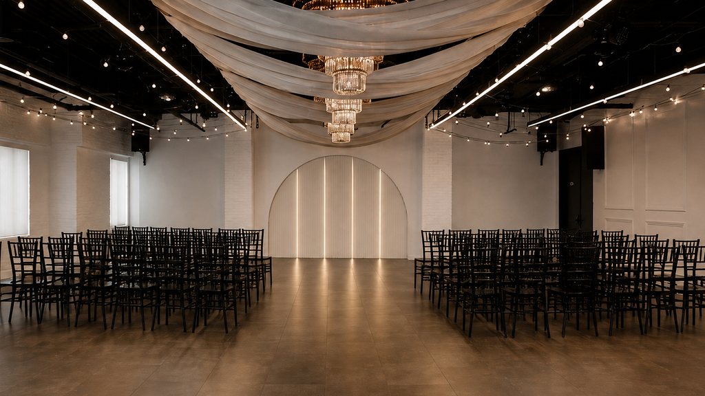 The Trellis 925 event hall with draped ceiling, chandeliers, and an illuminated arch